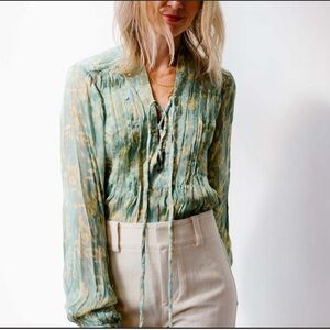 Rag & Bone Sachi Sheer Green Floral Lace Up Top  Blouse New Without Tags